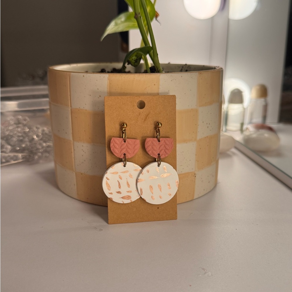 Pink and Cream Dangle Earrings with Gold Accents